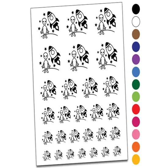 Alien and Rocket Space Temporary Tattoo Water Resistant Fake Body Art Set Collection Purple {1}