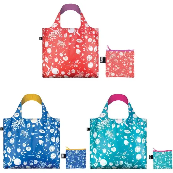 LOQI Seed Reusable Shopping Bags, Set of 3, Coral Bell, Cornflower, Teal {1}