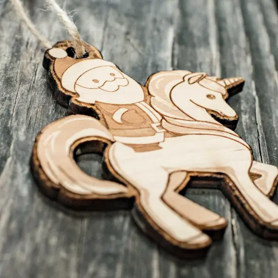 Ornament - Santa's Unicorn - Raw Wood 3x4in {2}