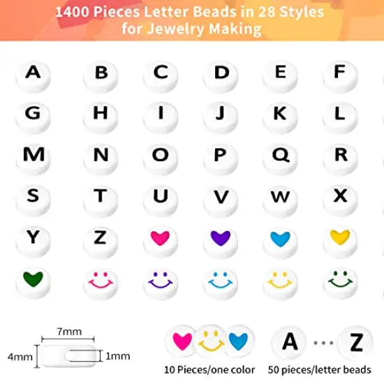 1400 Pieces Letter Beads Kit, 28 Styles Alphabet Beads Colorful Smiley Face Beads Heart Beads for Bracelets and Jewelry Making {5}