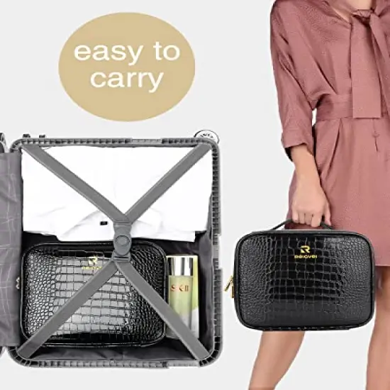 Travel Makeup Case, Train Case Makeup Brush Organizer, Professional Makeup Artist Makeup Organizer, with Adjustable Partition and Shoulder Straps, Train Case Makeup Bag (Crocodile, Small) {2}