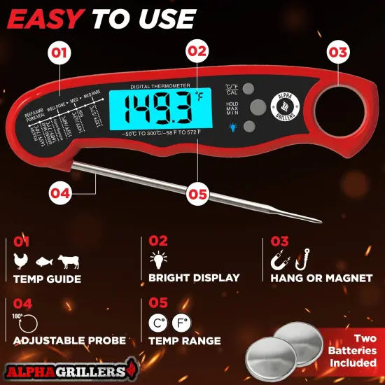 Alpha Grillers Instant Read Meat Thermometer for Grill and Cooking. Best Waterproof Ultra Fast Thermometer with Backlight & Calibration. Digital Food Probe for Kitchen, Outdoor Grilling and BBQ! {4}