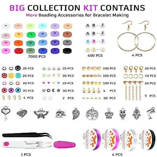 8000 Pieces Clay Beads Kit for Bracelet Making, 2 Boxes 24 Colors Flat Clay Beads Letter Beads Spacer Beads and Charms Kit for Jewelry Making, Jewelry Supplies Crafts Gift for Teen Girls Adults {6}