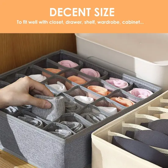 3 Pack Sock Underwear Organizer Dividers, 64 Cell Fabric Foldable Cabinet Closet Organizers and Storage Boxes for Storing Socks, Underwear, Ties (16+24+24 Cell, Gray) {4}