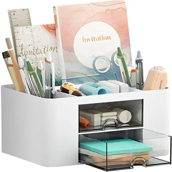 Pen Organizer with 2 Drawer, Multi-Functional Pencil Holder for Desk, Desk Organizers and Accessories with 5 Compartments + Drawer for Office Art Supplies (White) {2}