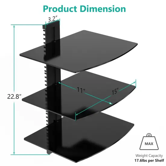 Floating Entertainment Center Shelves, Holds Up to 17.6lbs, TV Shelf with Strengthened Tempered Glasses for DVD Players, Cable Boxes, Games Consoles, TV Accessories (CS303B), 3 Shelf, Black {1}