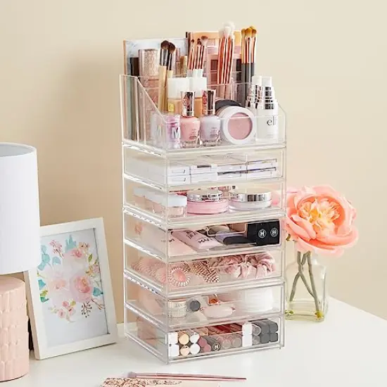 Chloe Stackable Clear Makeup Holder with Double Organizer Drawer Set - Ideal for Organizing Cosmetics and Beauty Supplies, Made in the USA {5}