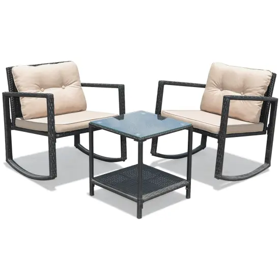 Costway 3PC Patio Rattan Conversation Set Rocking Chair Cushioned Sofa Garden Furniture {4}