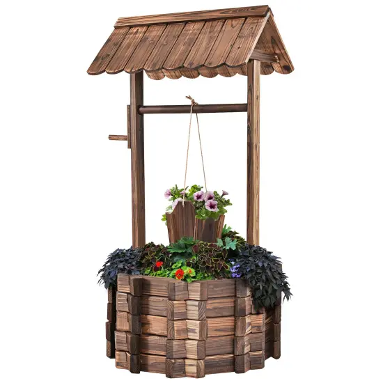 Costway Outdoor Wooden Wishing Well Bucket Flower Plants Planter Patio Garden Home Decor {1}