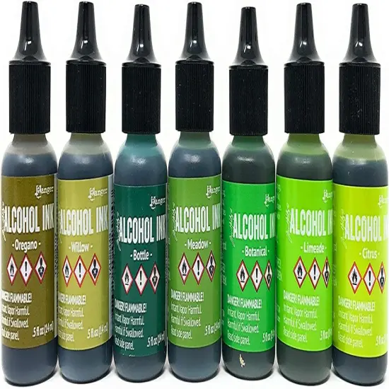 Green Alcohol Inks Set, Tim Holtz Alcohol Ink Greens 7-Pack, 10 Pixiss Blending Tools {2}