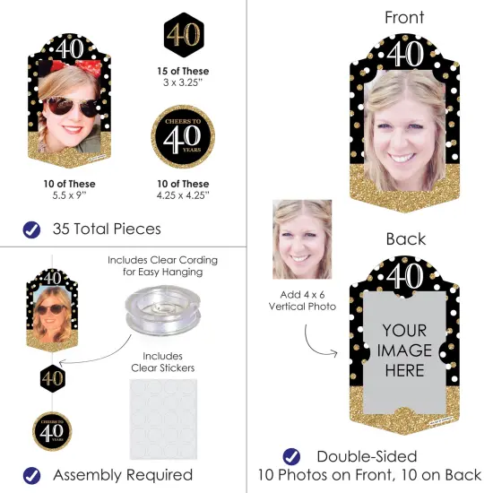 Big Dot of Happiness Adult 40th Birthday - Gold - Birthday Party Vertical Photo Garland 35 Pieces {4}