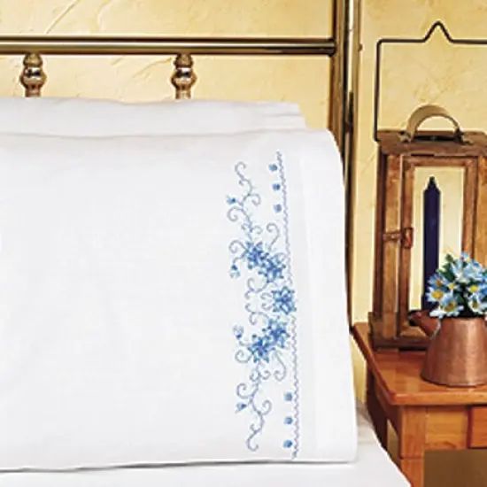 Janlynn Stamped Cross Stitch Pillowcase Pair 20"X30"-Blue Floral {2}