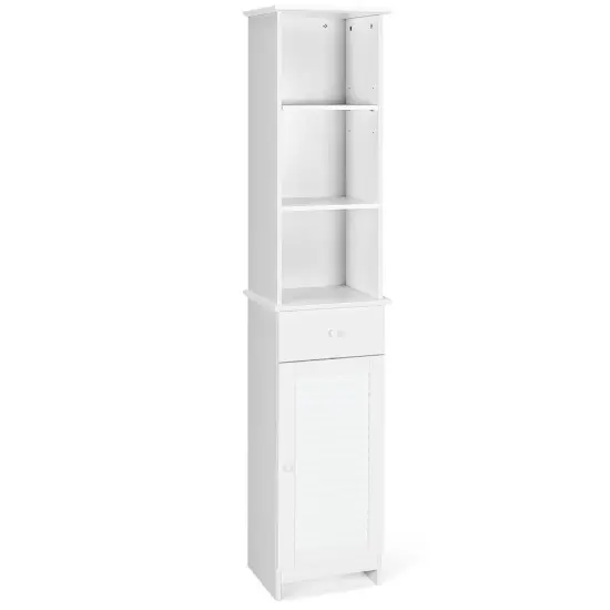 Costway Bathroom Tall Storage Cabinet Freestanding Linen Tower w/ Open Shelves & Drawer {1}