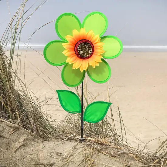 In the Breeze 2702 - 12 Inch Green Sunflower Wind Spinner with Leaves - Colorful Flower for your Yard and Garden {3}