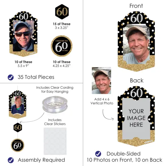Big Dot of Happiness Adult 60th Birthday - Gold - Birthday Party Vertical Photo Garland 35 Pieces {4}