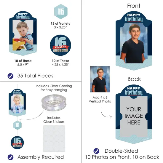 Big Dot of Happiness Boy 16th Birthday - Sweet Sixteen Birthday Party Vertical Photo Garland 35 Pieces {4}