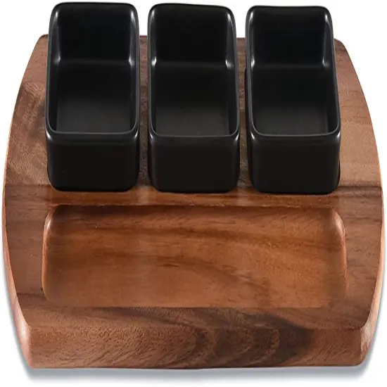 Charcuterie/ Serving Tray w/ 3 black square ceramic bowls {1}