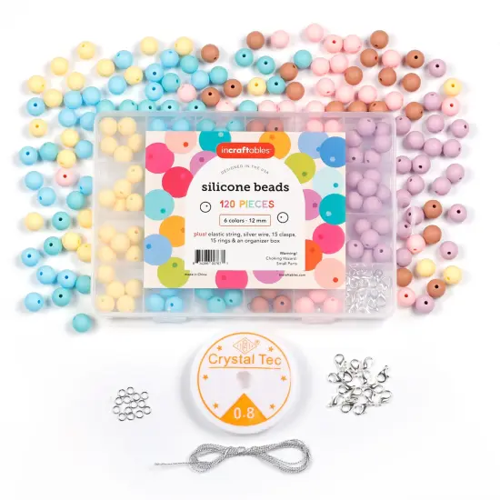 Incraftables Silicone Beads for Keychain making 120pcs Kit (6 Colors). Bulk Rubber beads for Kids & Adults. 12mm Silicone Beads for Jewelry Making with Elastic String, Silver Wire, Clasps & Organizer {1}