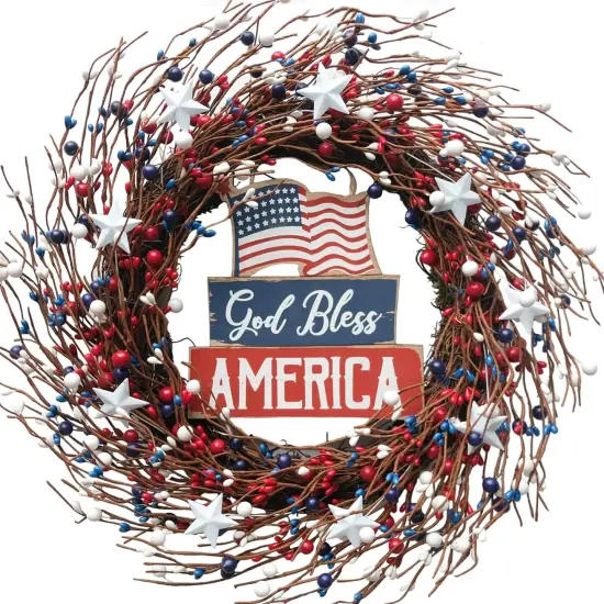 Patriotic 18-Inch Red, White, and Blue Berry Wreath with Americana Flag for 4th of July, Memorial Day, and Veterans Day {1}