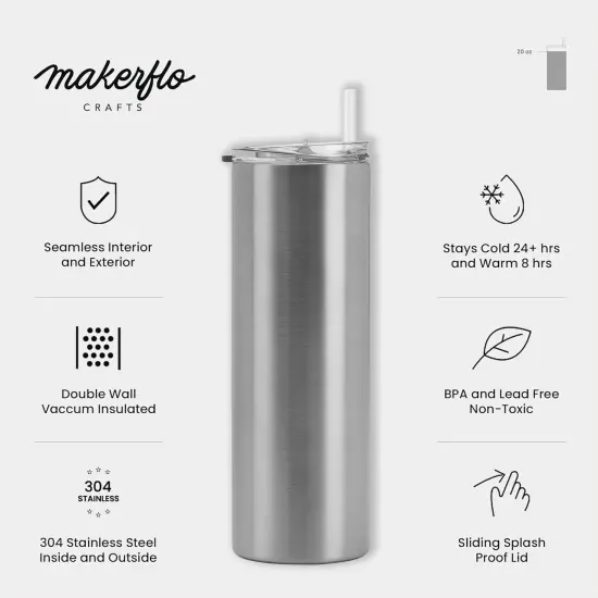 Makerflo 20 oz Skinny Stainless Steel Silver Tumbler with Lid & Straw | Craft-Ready for DIY Gifts & Personalization (Epoxy, UV DTF, Vinyl, and Laser Engraving) - Not for Sublimation {6}