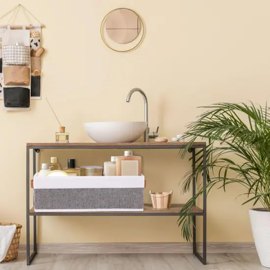 Small Storage Basket 1-Pack,Foldable Open Storage Bins, Storage Boxes with Handles, Fabric Storage Containers (White&Gray,15x6x5in {5}