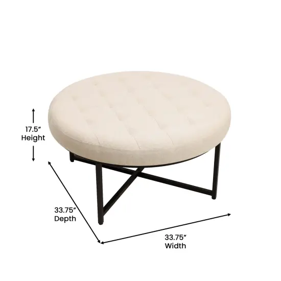 Merrick Lane Almas 34-Inch Round Tufted Cotton Linen Ottoman with Durable Metal Frame Beige {5}