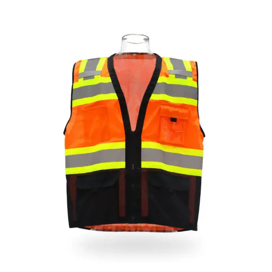 Contrast High Visibility Safety Vest with Pockets Reflective Zipper Front Polyester | RADYAN&reg; Safety orange/ black {1}