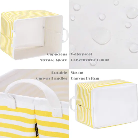 Sea Team Collapsible Canvas Fabric Storage Basket with Handles, Rectangle Waterproof Storage Bin, Box, Cube, Foldable Shelf Basket, Closet Organizer, 16.5 x 11.8 x 9.8 Inches, Yellow Stripe {3}