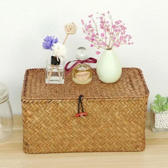 Large Square Sea Grass Baskets for Storage Seaweed Woven Sundries Baskets Sturdy and Durable Natural Material for Make-up with Lid Big Rectangular Seagrass Towel Baskets for Organizing {3}