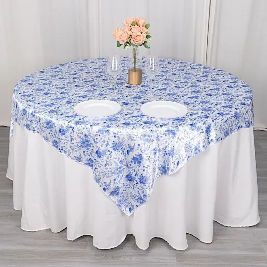 White 72x72 in Satin Square TABLE OVERLAY Blue Floral Design {2}