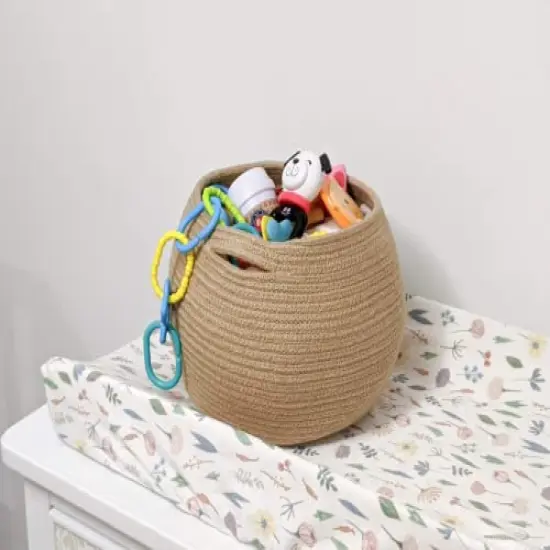 Cute Round Basket - Cotton Rope Jute Baskets in Living Room Woven Towel Basket Bedroom Storage Bakset for Children Corner Plant Basket Indoor, Jute, 10" D x 8.3" H {5}