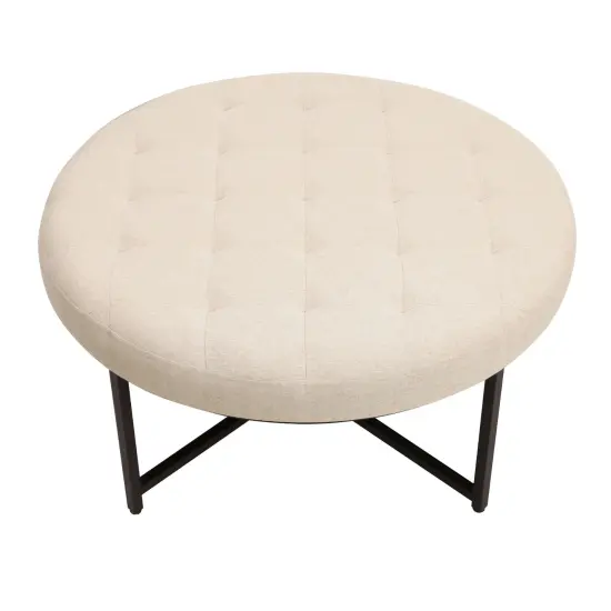 Merrick Lane Almas 34-Inch Round Tufted Cotton Linen Ottoman with Durable Metal Frame Beige {4}