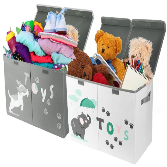 2 Pieces Large Toy Box - Lightweight Collapsible Sturdy Toy Storage Chest w/Flip-Top Lid & Handles (24.5" x 12" x 16") (Dog & Elephant) {1}