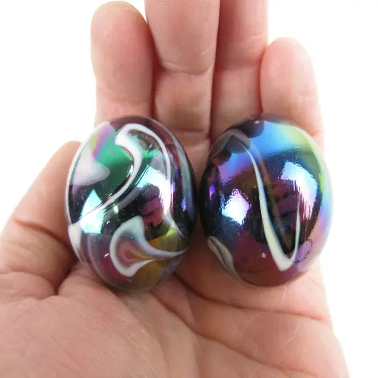 2 Boulders35mm MILKY WAY Marbles glass ball oil slick large huge Swirl {5}