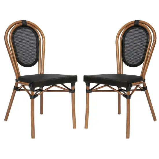 Merrick Lane Mael Set of Two Stacking Thonet Bistro Style Chair with Textilene Seat and Bamboo Finished Metal Frame for Indoor/Outdoor Use Black/Natural Frame {2}