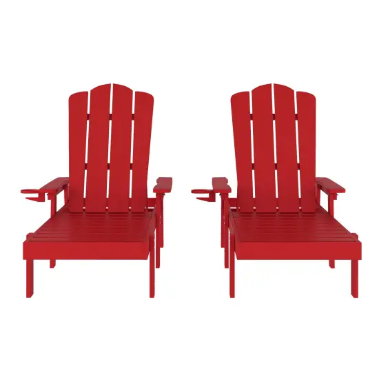 Merrick Lane Solvang Set of 2 Indoor/Outdoor Adjustable Adirondack Loungers with Fold Out Cupholders- Recycled All-Weather Indoor/Outdoor HDPE Lounge Chairs Red {1}