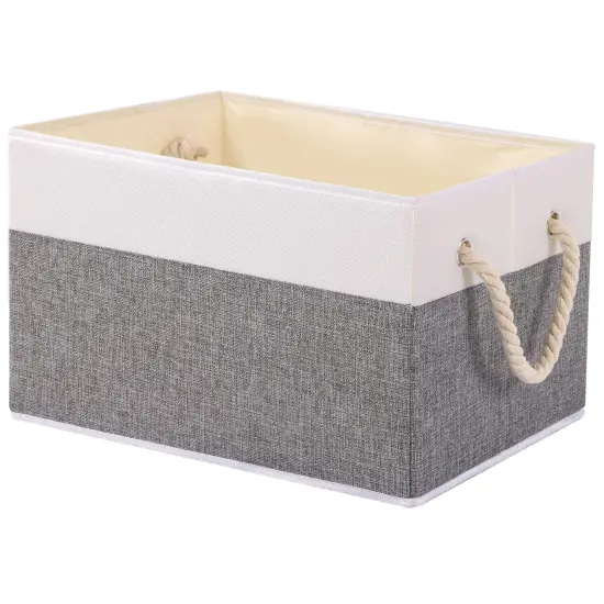 Foldable Storage Basket 1-Pack, Large Fabric Storage Bins with Rope Handle, Used for Organizing Shelves, Closets, Clothes Storage Box, 12.99''Lx9.05''Wx7.87''H, White/Grey {2}