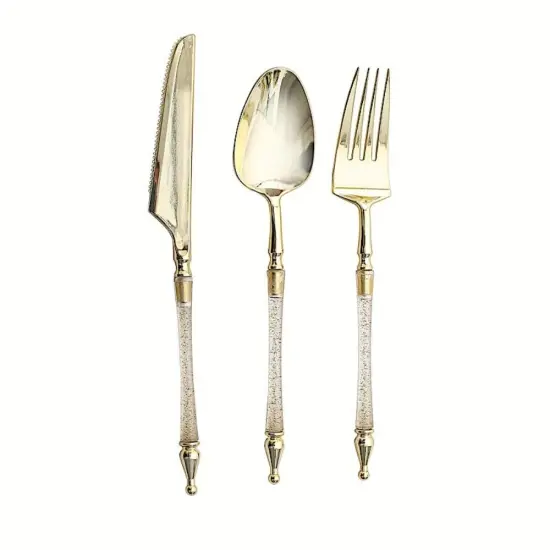 24-Piece Disposable Plastic Cutlery Set Clear and gold {1}