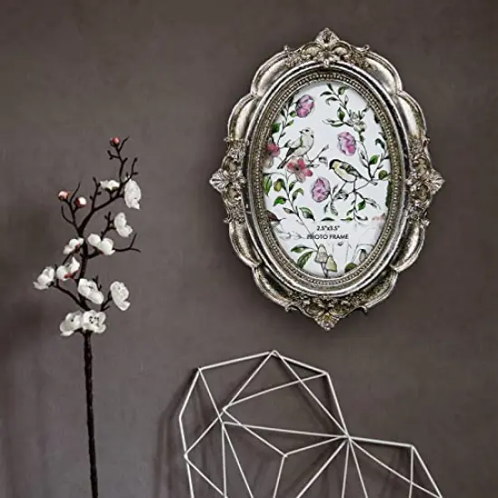 BLYBH Vintage Oval Picture Frame 2.5x3.5 Retro Photo Frames, Tabletop & Wall Hanging Ornate Antique Picture Frame with High Definition Glass, Silver {4}