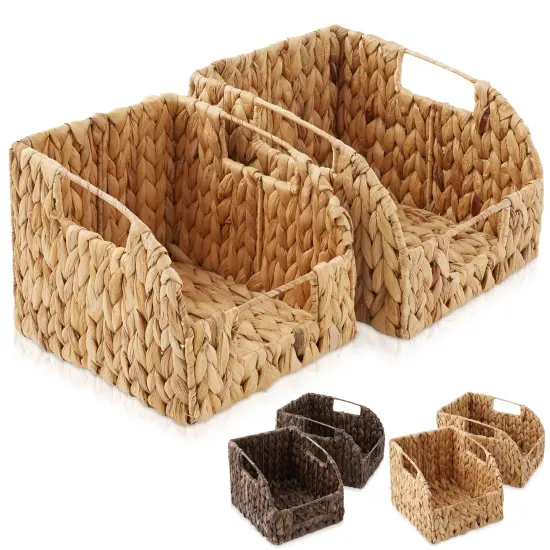 Casafield Set of 2 Water Hyacinth Pantry Baskets with Handles, Woven Storage Bin Organizers for Kitchen Shelves, Medium and Large Sizes {7}