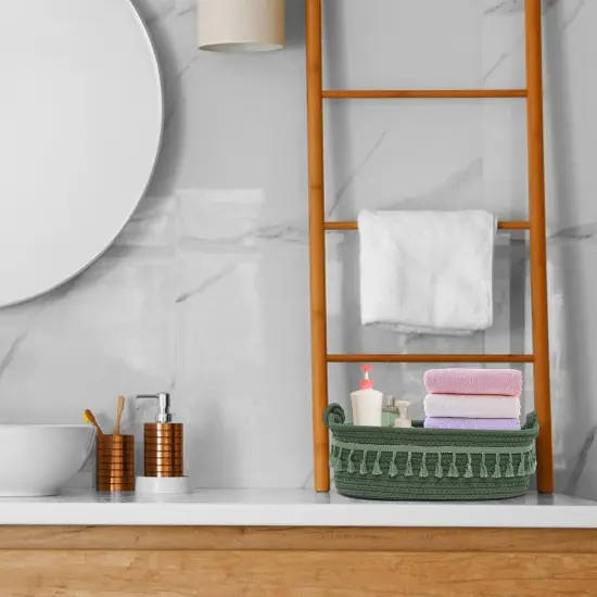 Small Cotton Rope Woven Basket Toilet Paper Baskets for Organizing Decorative Basket for Boho Decor Small Storage Basket for Bedroom Nursery Livingroom Entryway,Green {5}