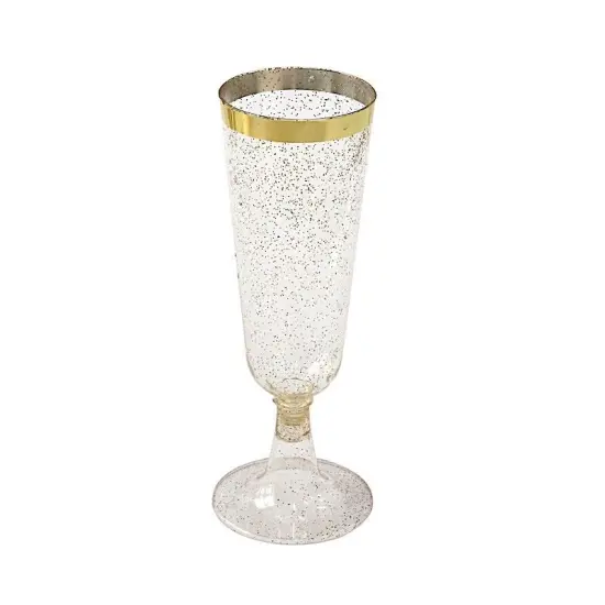 12 Clear 6 oz Glittered Plastic Champagne Glasses with Gold Trim for Events {1}