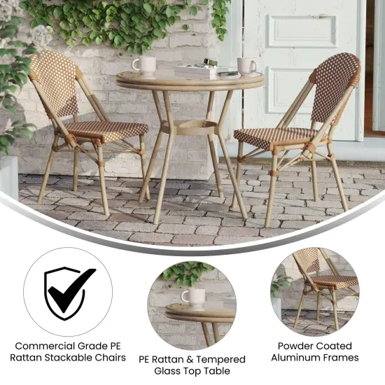 Merrick Lane Celia Bistro Style Table with Glass Top, PE Rattan, 2 Stack Chairs, and Bamboo Finished Metal Frame for Indoor/Outdoor Use Nat&White/LightNat {4}