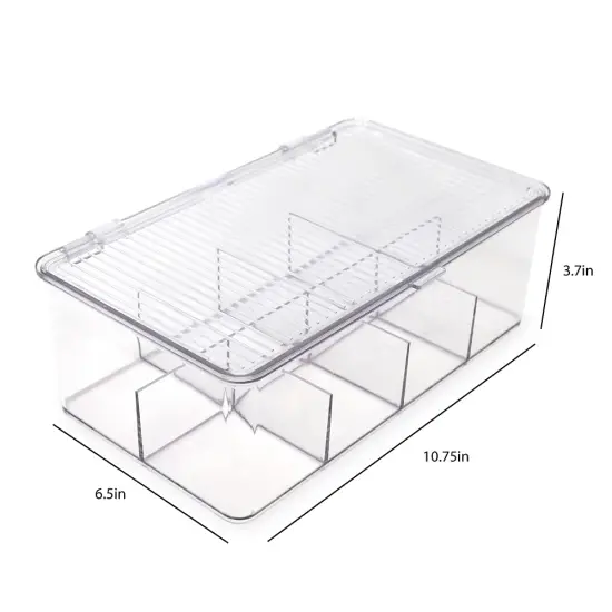 Divided Clear Plastic Organizer (10.75” x 6.5” x 3.7”) w/Hinged Lid, Stackable Storage Box for Tea Bags, Crafts, Office Supplies, Cosmetics, Jewelry, BPA-Free, Food Safe Pantry Container {3}
