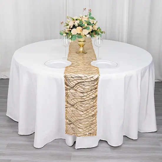 12x108 in Mesh Wavy Embroidered Sequins Table Runner Hunter green gold {5}