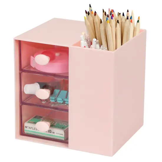 Desk Pencil Pen Holder, Office Desk Organizers Desktop Storage Pen Organizers with 3 Independent Drawers Stationery Supplies for Office,School,Home,Pink {2}