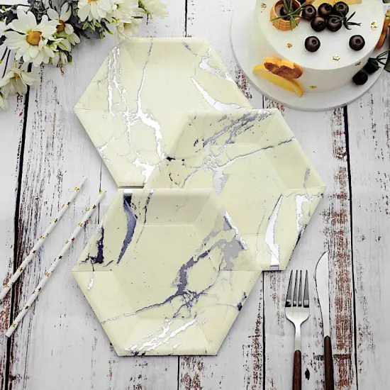 8.5 in Hexagon Marble Design Disposable Paper Salad Plates {2}
