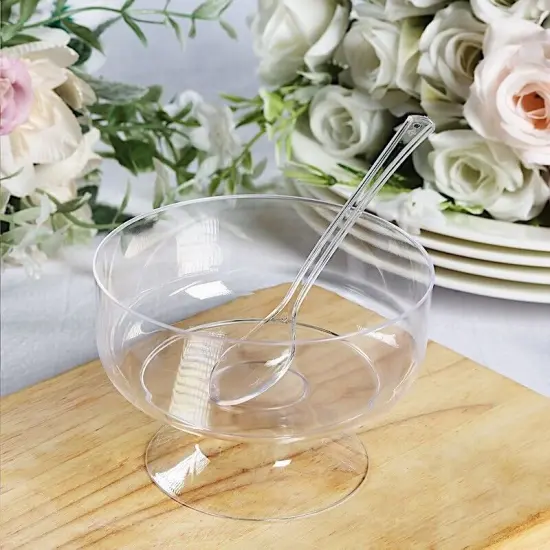 24 Clear 6 oz Disposable Footed Plastic Dessert CUPS SPOONS {3}