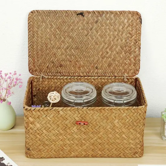 Large Square Sea Grass Baskets for Storage Seaweed Woven Sundries Baskets Sturdy and Durable Natural Material for Make-up with Lid Big Rectangular Seagrass Towel Baskets for Organizing {4}