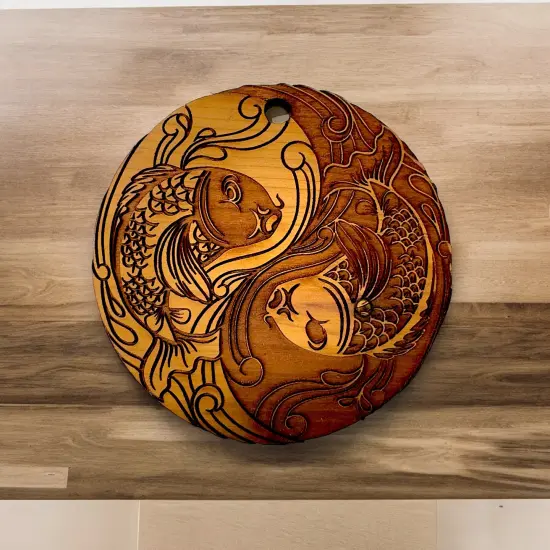 Yin Yang Koi Fish - Raw Cedar Ornament 3x3in {4}